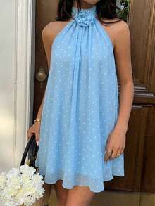 Sunnyshic Women's Summer Chiffon Polka Dot Halter Backless 3D Floral Decor A-Line Loose Casual Elegant Tropical Vacation Romantic Mini Dress Brunch Blue - Blue and White - View 6