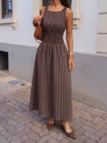 Ritzy Row Damen braunes gestreiftes A-Linien-Kleid mit geraffter Taille, charmant elegant für Alltag, Pendeln, Urlaub, Mode, Date, französischer Streetstyle, Vintage, vielseitig, Frühling/Sommer, neu, ärmellos, mit Bindeband, Midi, Rundhals, Cami-Kleid, braunes Kleid - Braun - Übersicht 4
