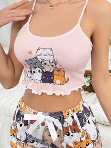 DUSKBASE Top de pijama para mujer con estampado de gato de dibujos animados lindo estilo Y2K - Multicolor - Ver 3