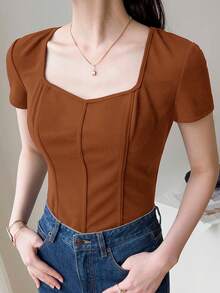 Feyla Women's Summer Casual Elegant Versatile Solid Color Short Sleeve T-Shirt Office Shades Of Brown - Brown - View 1