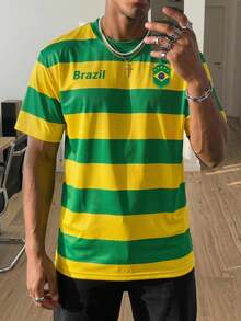 Manfinity Gritte Field Men's Minimalist Brazil Flag Color-Blocking T-Shirt, Suitable For Summer, Outdoor, World Cup Watching, Husband/Boyfriend Gift - Yellow - View 6