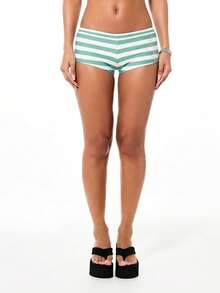 BABYPHAT Booty Stripe Print Bikini Bottom Shorts With High Cut Summer Beach Swimwear Boyshorts Style - Mint Green - View 2