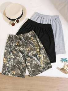 3pcs Kids Tween Boy Buy 1 Get 2 Set Casual College Comfortable Leaf Print Pattern Loose Knit Shorts, Black Shorts, Khaki Shorts, Camouflage Shorts, Cargo Pants, Y2k Set, Suitable For Spring And Summer, Outfits, Valentine's Day, Dates, Travel, Vacation, Family Gatherings, Back To School Season, Wedding Season, Dinner, Sports, Birthday Parties - Multicolor - View 2
