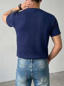 DAZY Camiseta de manga corta de unicolor en tela texturizada azul para hombre para el verano - Azul Marino - Ver 2