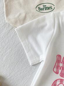 SHEIN Playful Pals 2-teiliges Sommer-Mode-Set für Baby-Mädchen im minimalistischen Streetstyle, weißes Kurzarm-T-Shirt mit rosa karierter Stickerei-Dekoration auf der Brust und rosa gestreifte lange Hose, geeignet für Alltag, Schule, Lässig und Sport - Pink - Übersicht 7