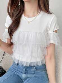 FRIFUL Women's Summer Casual Solid Color Mesh Patchwork T-Shirt - White - View 5