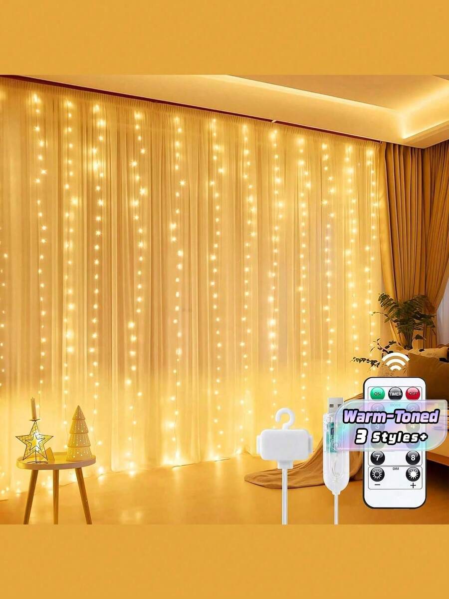 Window Curtain Lights, Warm Lighting, USB Powered, 8 Modes Remote Control, Hanging Lights For Bedroom, Indoor, Outdoor, Wedding Party - Multicolor - View 1