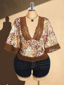 SHEIN ICON Plus Size Y2K Vintage Sexy Leopard Print V-Neck Lace Patchwork Flare Sleeve Top - Brown - View 3