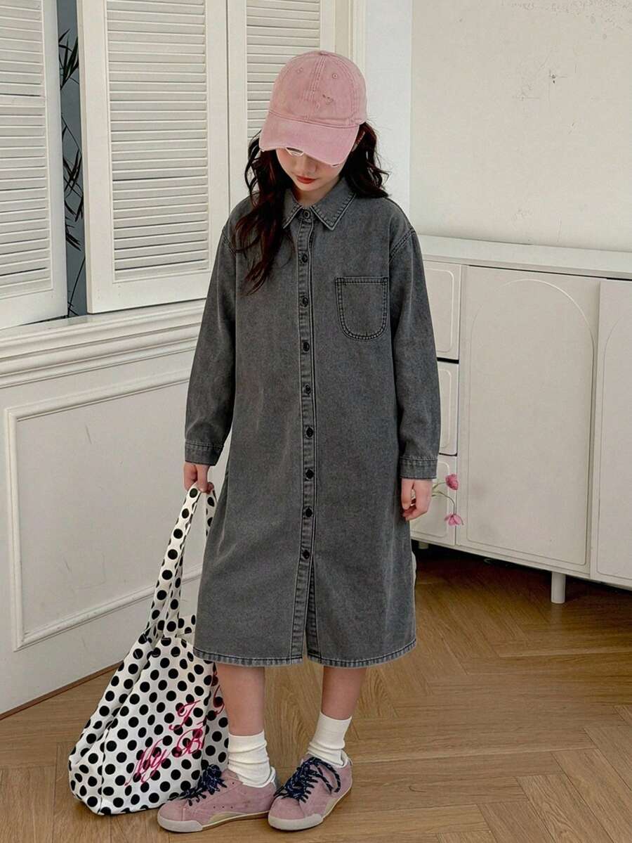 DAZY 青少年女孩秋季服飾 折領口袋裝飾短袖牛仔洋裝 - 灰色 - 查看 1