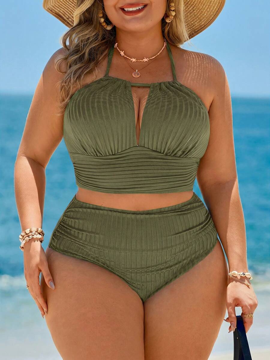 Swim Lushoire Plus Size Solid Color Spaghetti Strap Halter Neck Bikini Set Set - Green - View 1