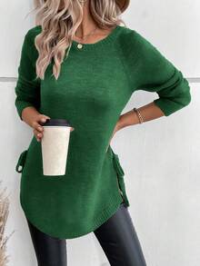 SHEIN 秋冬休閒百搭純色側開衩綁帶毛衣 - 軍綠色 - 查看 4