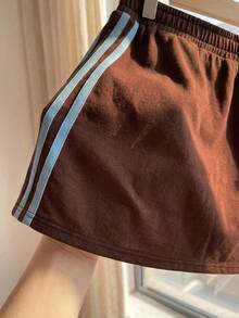 Comfortcana Damen Große Größen Lässig Vintage Amerikanischer Sportlicher Stil Seitenstreifen Braun Strickrock, Elastischer Bund Rock - Braun - Übersicht 8