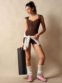 VARSIVA Mono deportivo casual de uso diario para mujer, color liso, sin espalda - Marrón - Ver 3
