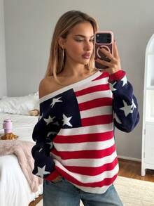 CovetEZ Women's American Flag Pattern Asymmetrical Shoulder Long Sleeve Sweater - Blue - View 7