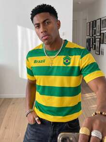 Manfinity Gritte Field Men's Minimalist Brazil Flag Color-Blocking T-Shirt, Suitable For Summer, Outdoor, World Cup Watching, Husband/Boyfriend Gift - Yellow - View 5