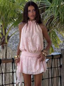 Aloruh Women's Elegant Sexy Tropical Tie-Up Halter Backless Fitted Lace Mini Dress Party Vacation Date Night Out Birthday Pink Floral Summer - Pink - View 3