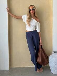 Brooke Lily Plain Casual Straight Leg Trousers With Pockets, Low-Rise - Navy Blue - View 1