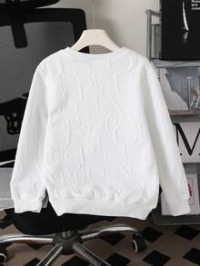SHEIN 青少年男孩休閒字母壓紋圓領衛衣 - 白色 - 查看 2