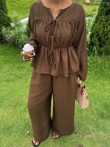 Dazy Plus Brown Lace-Up Waist Top And Wide Leg Pants Casual Long Sleeve Two Pieces Set For Spring, Summer And Early Autumn - Brown - View 5
