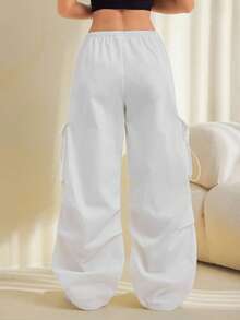 SHEIN PETITE Flip-Flap Pocket Side Cinched Waist Pants - White - View 4