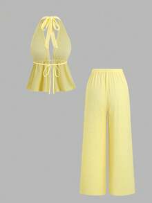Sweetra Damen Frühling/Sommer Gelbes Urlaubsstil strukturiertes Spaghetti-Träger-Top & bequeme vielseitige lässige drapierte gerade Bein weite Hose 2-teiliges Set - Gelb - Übersicht 2
