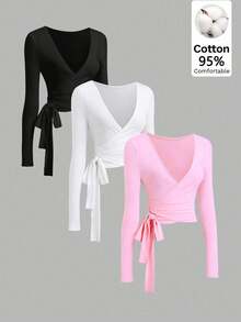 SHEIN EZwear 2026秋季新款 95%棉 時尚歐美性感簡約休閒運動健身彈性柔軟前開襟繫帶V領貼身長袖短版三件套純色優雅通勤女款T恤，四季皆宜，皮拉提斯、瑜伽運動T恤 - 彩色 - 查看 1