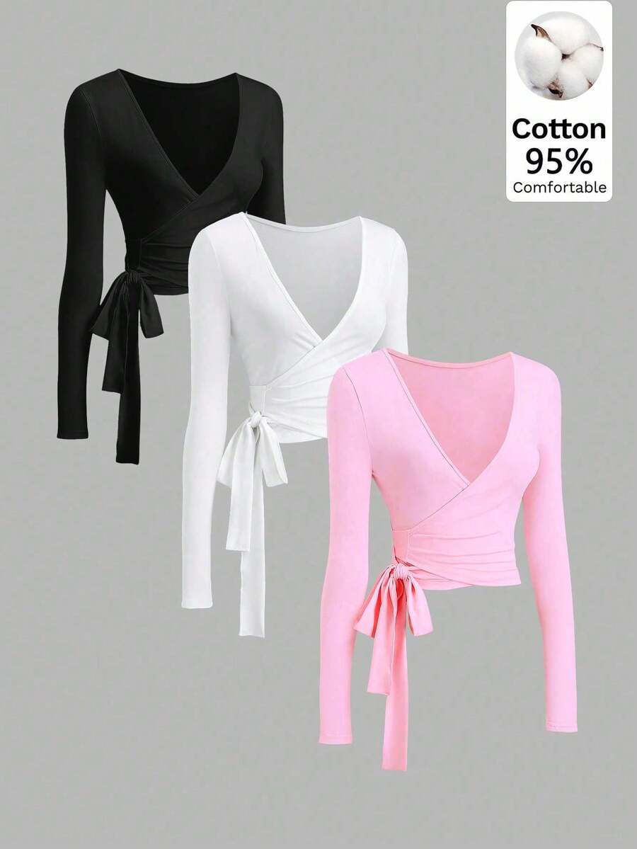 SHEIN EZwear 2026秋季新款 95%棉 時尚歐美性感簡約休閒運動健身彈性柔軟前開襟繫帶V領貼身長袖短版三件套純色優雅通勤女款T恤,四季皆宜,皮拉提斯、瑜伽運動T恤 - 彩色 - 查看 1