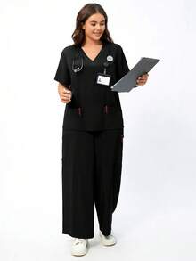 TaskEZ Women's Plus Size Surgical Gown Top And Pants Loose Two Pieces Set - Black - View 5