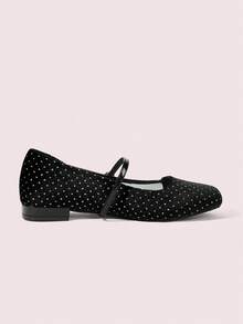 CUCCOO DOLLMOD Women's Rhinestone Mesh Mary Jane Adjustable Buckle Square Toe Low Block Heel Elegant Black Flats - Black 1 - View 5