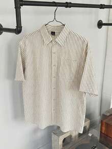 STEELVANCE Men's Comfortable Striped Fabric Short Sleeve Single Pocket Plus Size Shirt, Large Letter Print On Back, Suitable For Formal Or Casual Occasions, Casual Vacation, Dining And Gathering, Simple Office, Casual Home Wear, Versatile Style, Suitable For Yourself Or As A Gift For Friends, Hot-Selling Comfortable Hawaiian Style Shirt - Multicolor - View 5