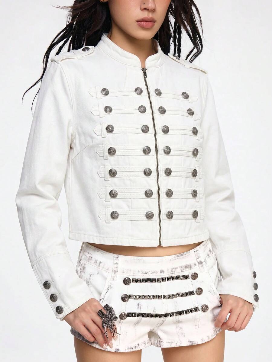 ROMWE Grunge Punk Nautical Punk Vintage Metal Buckle Distressed Washed Denim Thin Jacket Coat - White - View 1