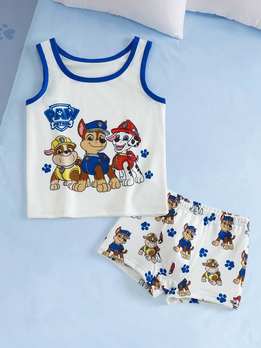 SHEIN | PAW Patrol 小男孩卡通圖案印花拼色背心與短褲套裝 - 白色 - 查看 1