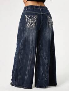 ROMWE Fairycore Plus Size Vintage Washed Butterfly Rhinestone Embellished Wide Leg Jeans - Blue - View 1