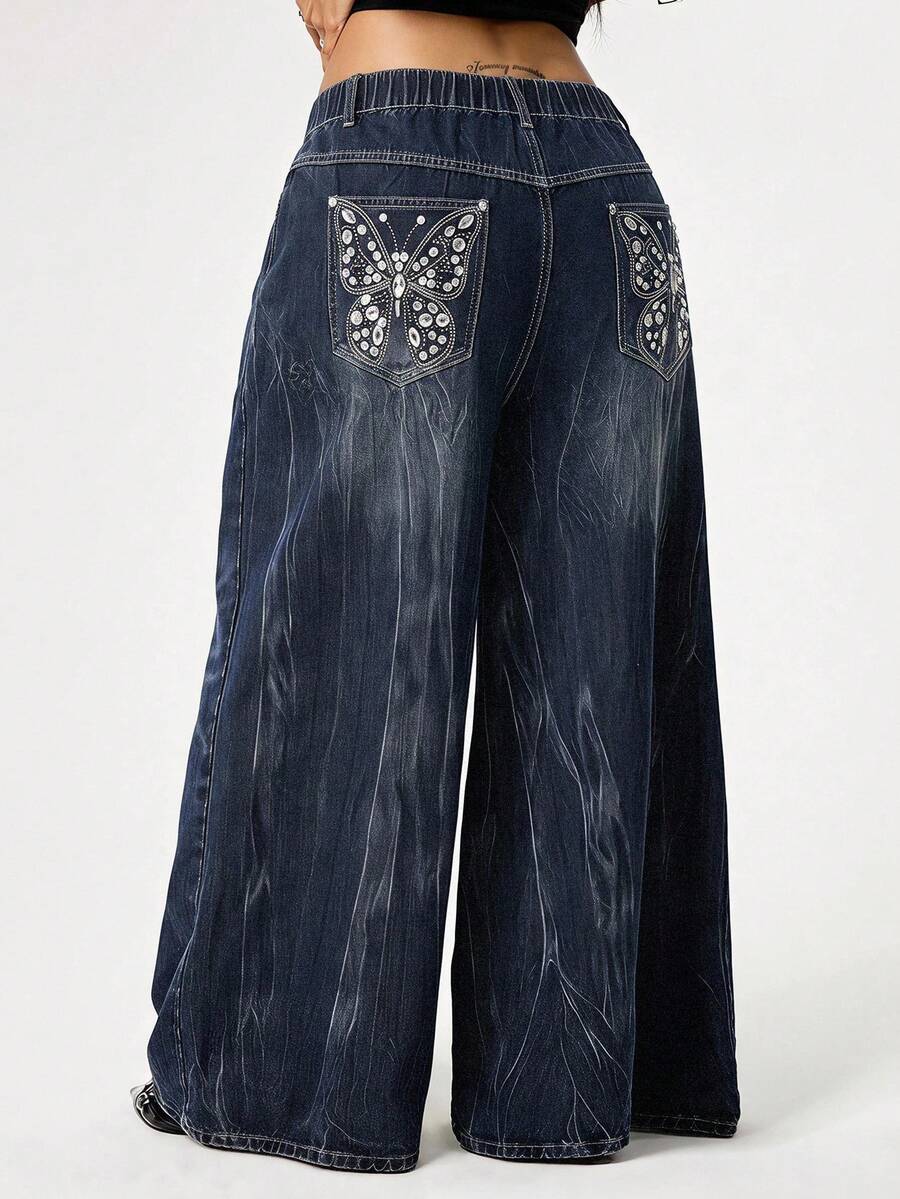 ROMWE Fairycore Plus Size Vintage Washed Butterfly Rhinestone Embellished Wide Leg Jeans - Blue - View 1