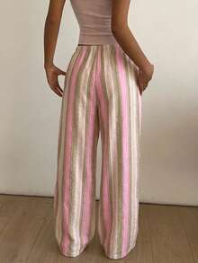 SHEIN EZwear 休閒極簡度假風粉色編織不對稱條紋女款長褲，適合春夏海灘穿著，25%棉 - 彩色 - 查看 8