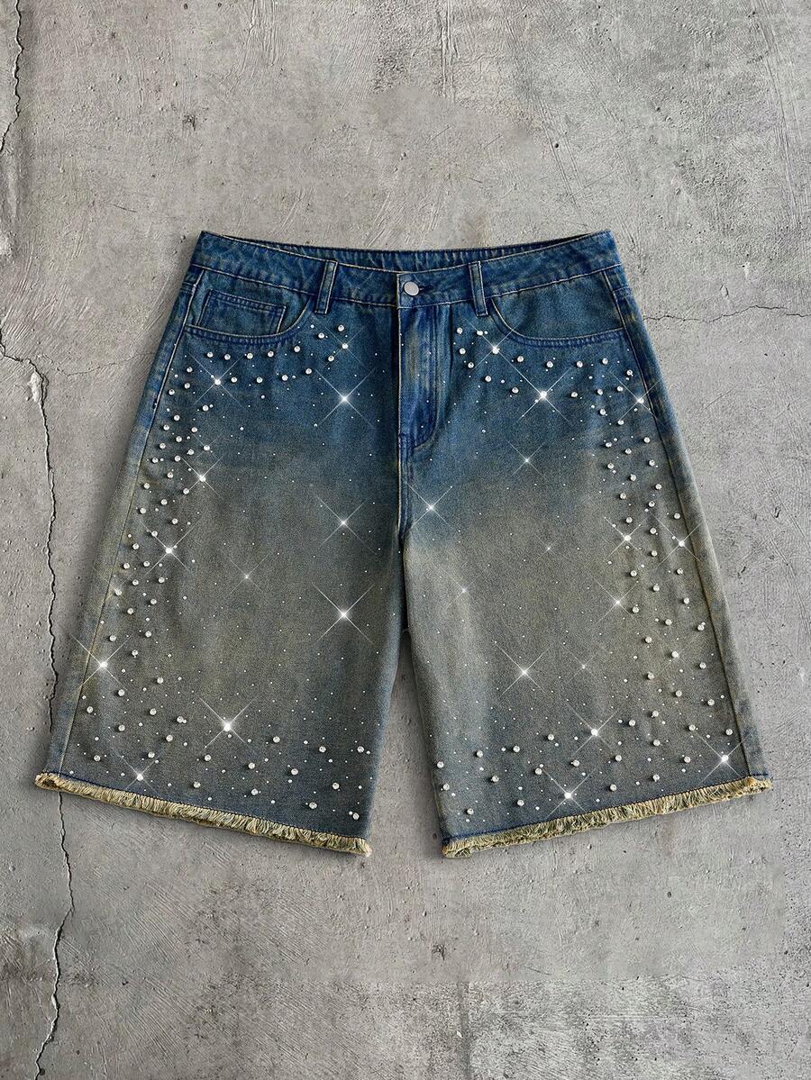 AXEPEAK Shorts de mezclilla lavada casuales y versátiles para hombres, para uso diario y viajes, con bolsillo y botón con strass - Azul - Ver 1
