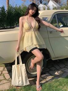 DAZY 女款夏季海灘花卉印花掛脖比基尼上衣 - 米色 - 查看 3