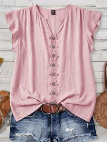 Reflora Plus Size Women's Textured Patchwork Ruffle Lace Loose Short Sleeve Blouse, Spring/Summer Holiday Pink Casual - Pink - View 1