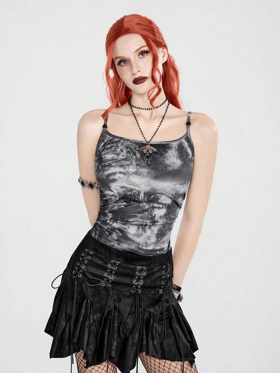 Breakform Casual Versatile Tie-Dye Ruched Camisole Tank Top For Women - Black - View 1