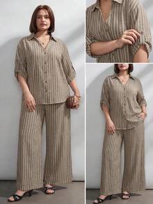 Chikora Plus Size Summer Brown Open Front Two Pieces Set, Brown Two Pieces Set, Office Wear, Suitable For Multiple Occasions - Multicolor - View 1