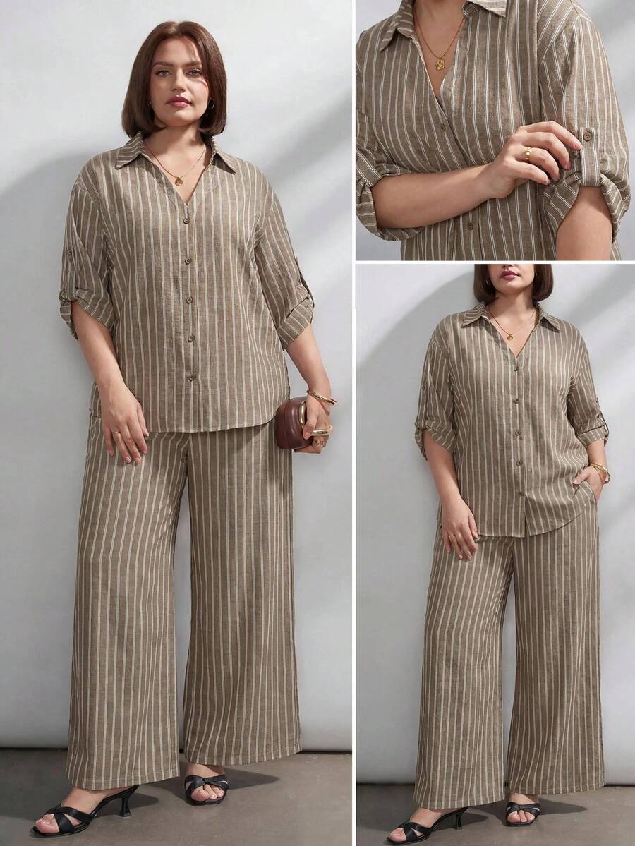 Chikora Plus Size Summer Brown Open Front Two Pieces Set, Brown Two Pieces Set, Office Wear, Suitable For Multiple Occasions - Multicolor - View 1