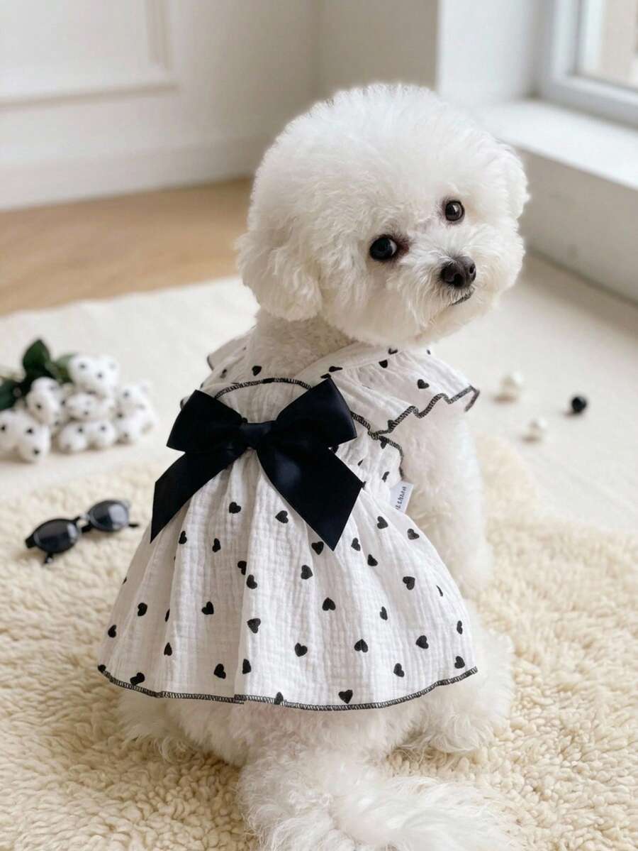 PETSIN One Piece Cute Romantic Heart Strap Ruffled Hem Pet Dress - Black and White - View 1