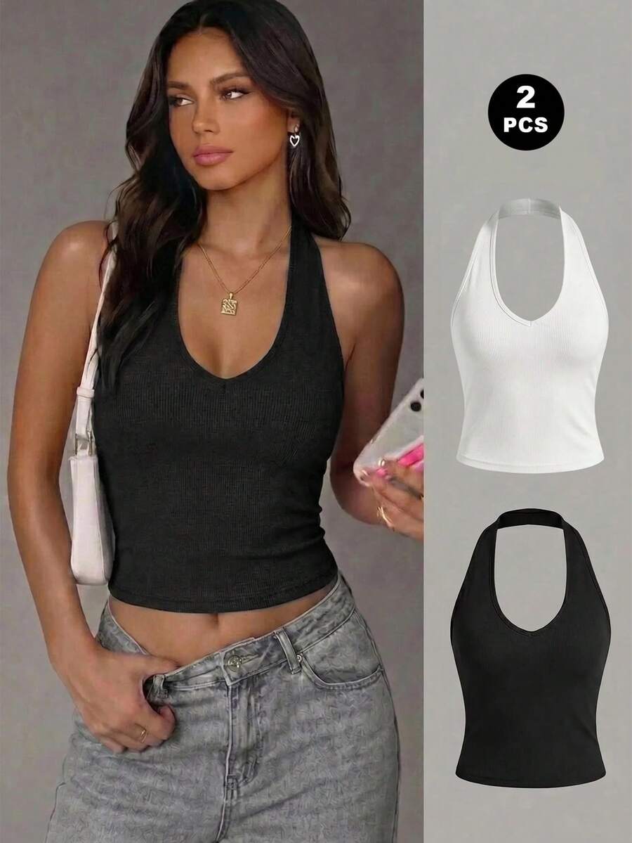 Conjunto de 2 tops cortos de punto acanalado con cuello de halter, ajuste ceñido y elástico, moda básica de verano - Blanco y Negro - Ver 1
