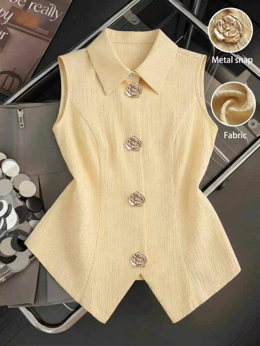 SHEIN Franclia 純白色無袖背心,垂墜面料修身剪裁,A字不對稱下擺配玫瑰金鈕扣飾,打造優雅通勤與都市知性風格 - 黃色 - 查看 1