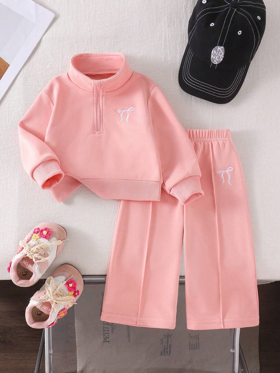 Elladie kids Baby Girl Bow Embroidery Sweatshirt And Pants Loose Fit Set - Pink - View 1