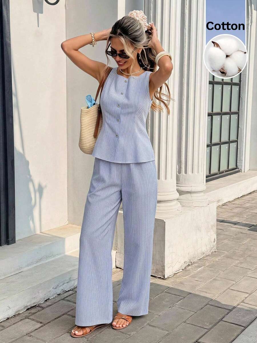 Serisse 女款條紋單排扣背心與長褲休閒兩件套