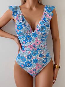 Swim Vcay 女款夏季度假海灘碎花荷葉邊繫帶連身泳衣套裝 - 藍色 - 查看 4