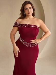 Coutiva Vestido de Noche Formal de Sirena con Decoración de Cuentas y Strass Talla Grande - Burdeos - Ver 1