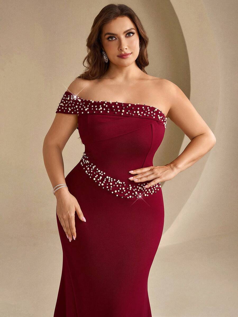Coutiva Vestido de Noche Formal de Sirena con Decoración de Cuentas y Strass Talla Grande - Burdeos - Ver 1