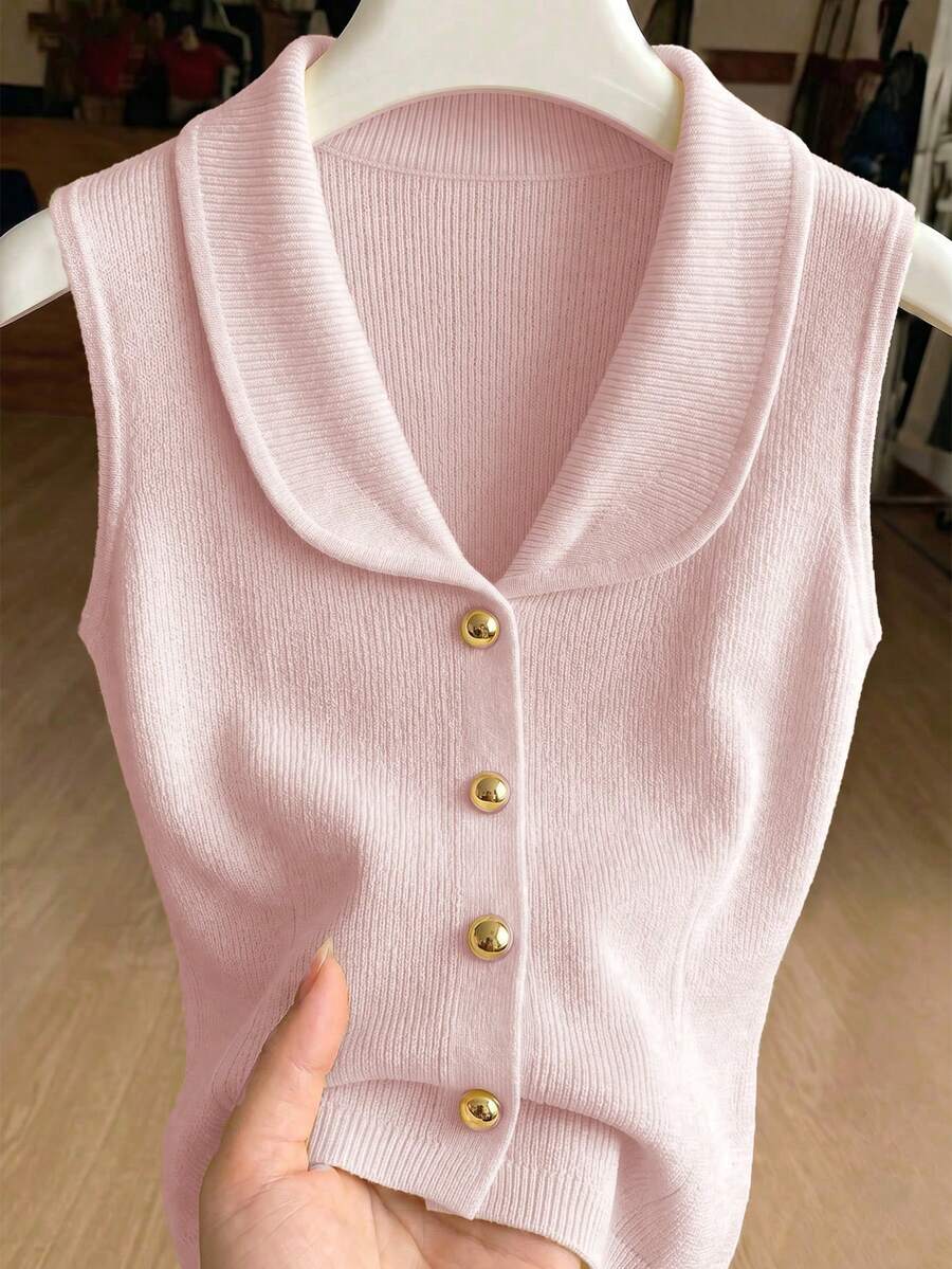 SHEIN Franclia New Commuter Elegant Fashion Design Lapel Sleeveless Knit Top, Summer Holiday, Fashion Commuter New French Elegant Slim Fit Sleeveless Top, Suitable For Summer Vacation Wear - Pink - View 1